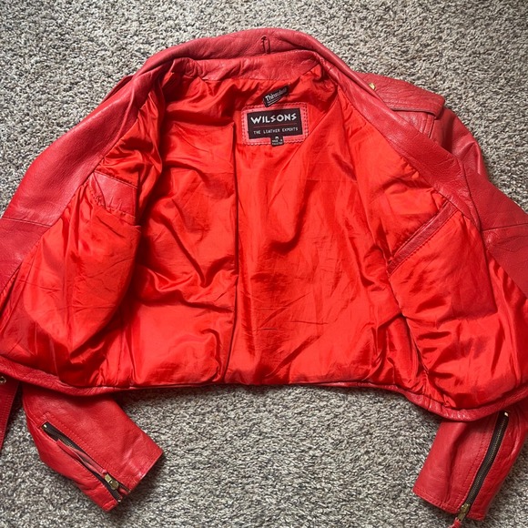 Wilsons Women's M Red Leather Moto Jacket Cropped Belted Biker Thinsulate - Picture 2 of 9